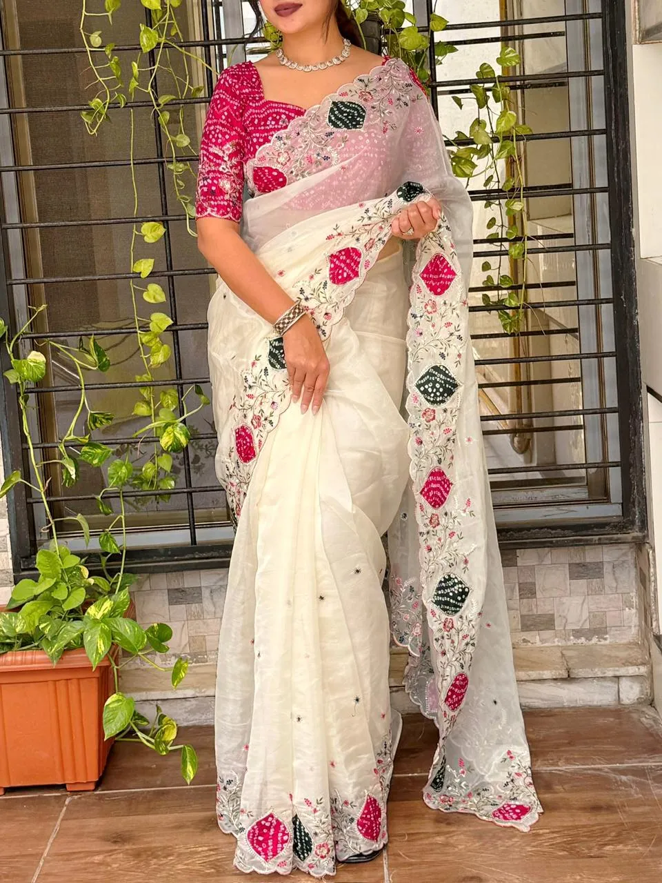 Beautiful Bandhej Printed Handwork Saree