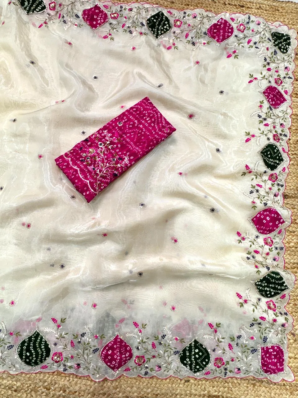 Beautiful Bandhej Printed Handwork Saree - Image 2