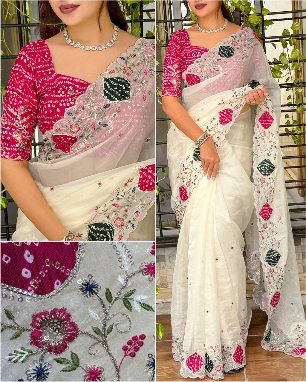Beautiful Bandhej Printed Handwork Saree - Image 3