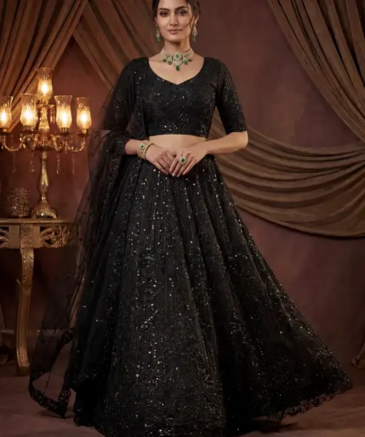 Black Color Handwork Shining Bridal Lehenga