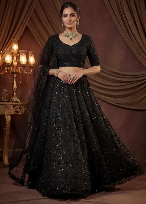 Black Color Handwork Shining Bridal Lehenga