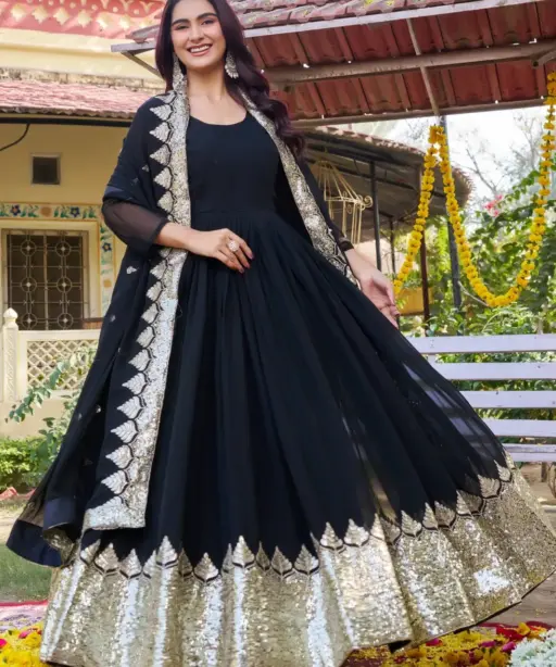 Black Gown with Sequence Big Border | Readymade Gown