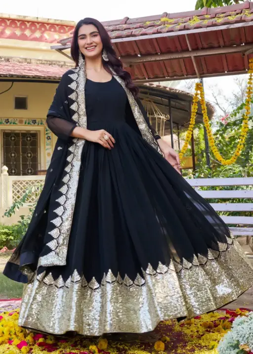 Black Gown with Sequence Big Border | Readymade Gown