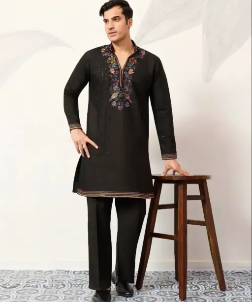 Black Mens Embroidery Kurta Set for Festive Wear