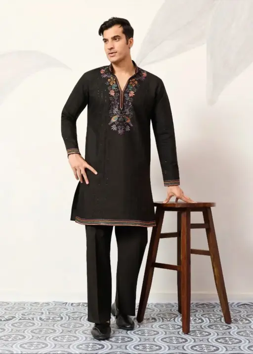 Black Mens Embroidery Kurta Set for Festive Wear