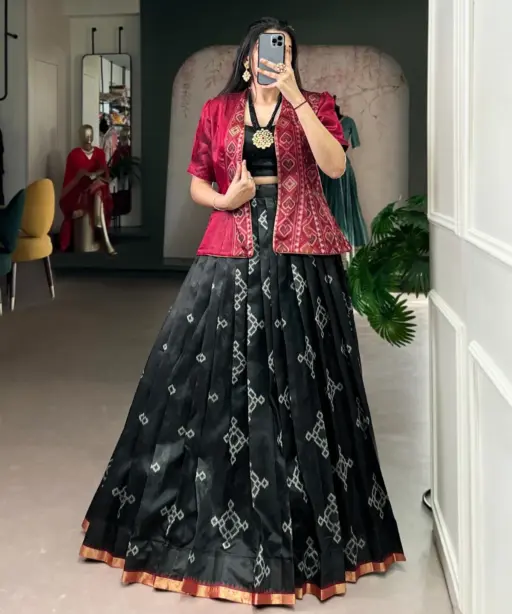 Black Patola Printed Readymade Lehenga with Koti Blouse