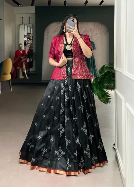 Black Patola Printed Readymade Lehenga with Koti Blouse