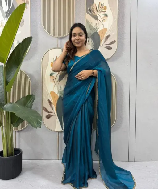 Blue Color wedding Zip and go Saree with Beads