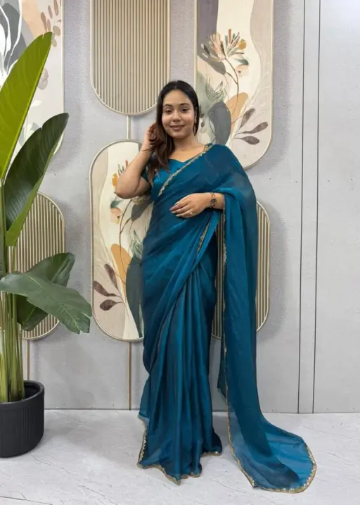 Blue Color wedding Zip and go Saree with Beads