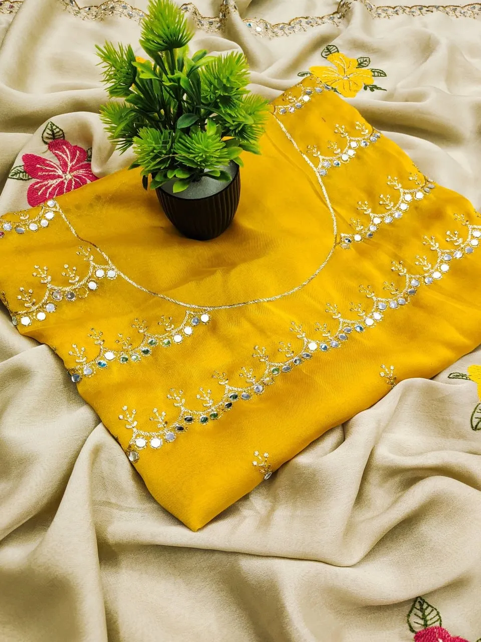 Buy Flower Embroidery Mirror Saree