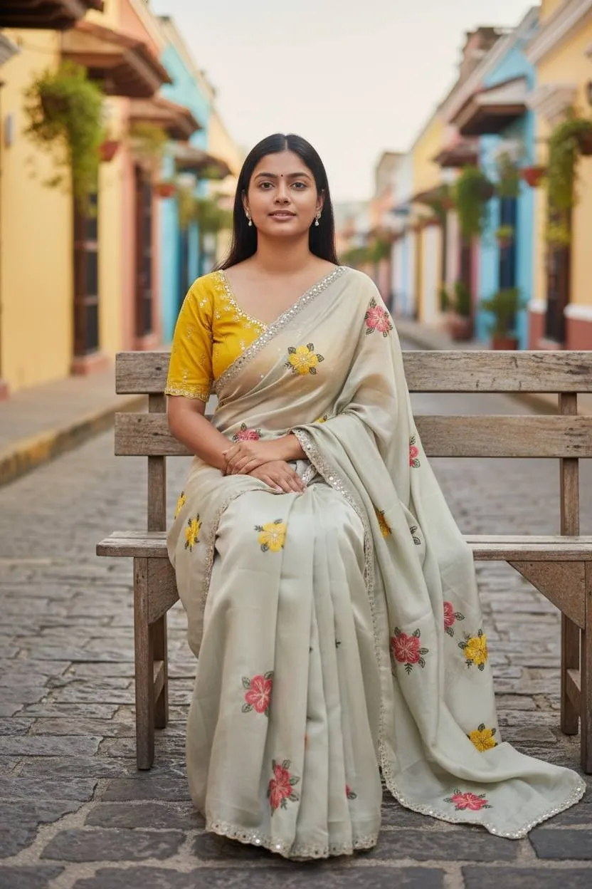 Buy Flower Embroidery Mirror Saree - Image 2