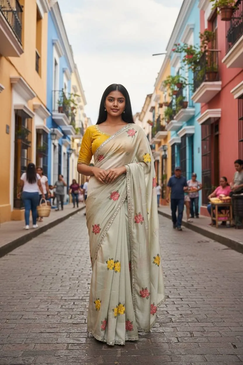 Buy Flower Embroidery Mirror Saree - Image 3