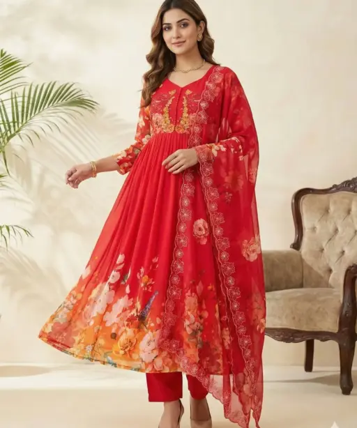 Cherry Red Floral Handwork Gown Set