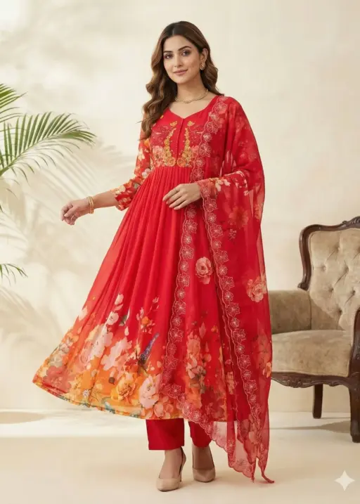 Cherry Red Floral Handwork Gown Set