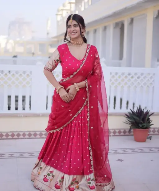 Cherry Red Silk Wedding Lehenga Set