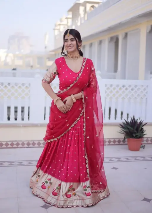 Cherry Red Silk Wedding Lehenga Set
