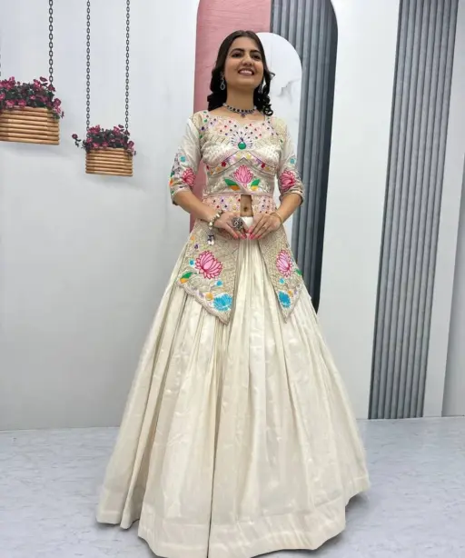 Cream Color Readymade Long Blouse with Lehenga Set