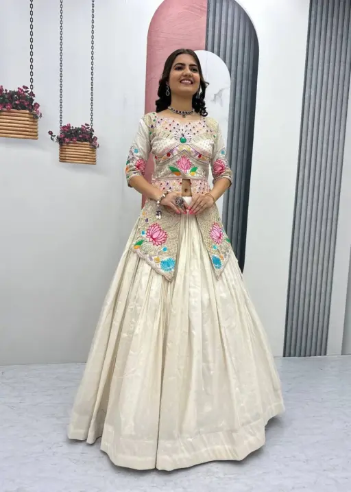 Cream Color Readymade Long Blouse with Lehenga Set