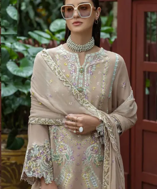 Cream Embroidered Pakistani Style Cotton Dress