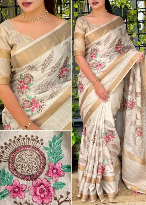 Cream Wedding Tusser Silk Wedding Saree