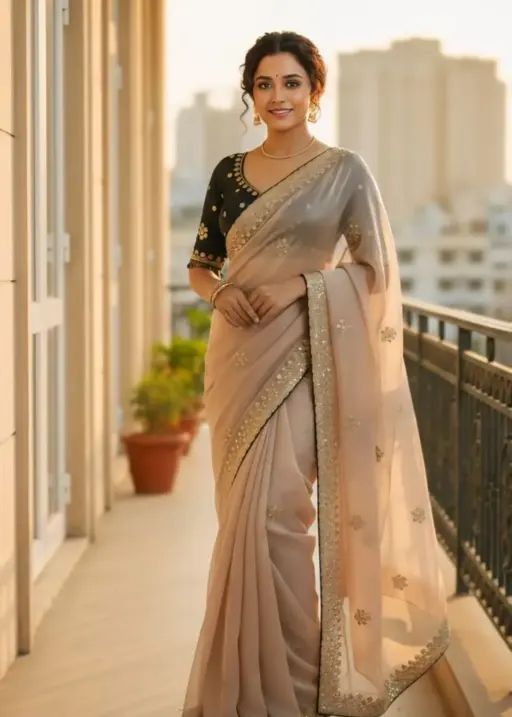 Creme Embroidery Saree with Readymade Contrast Blouse