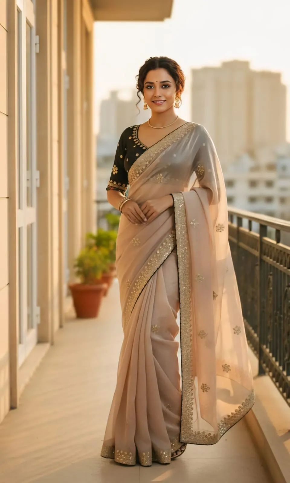 Creme Embroidery Saree with Readymade Contrast Blouse