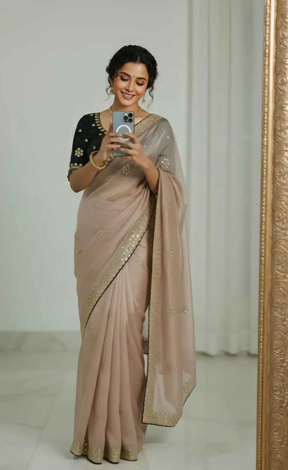 Creme Embroidery Saree with Readymade Contrast Blouse - Image 3