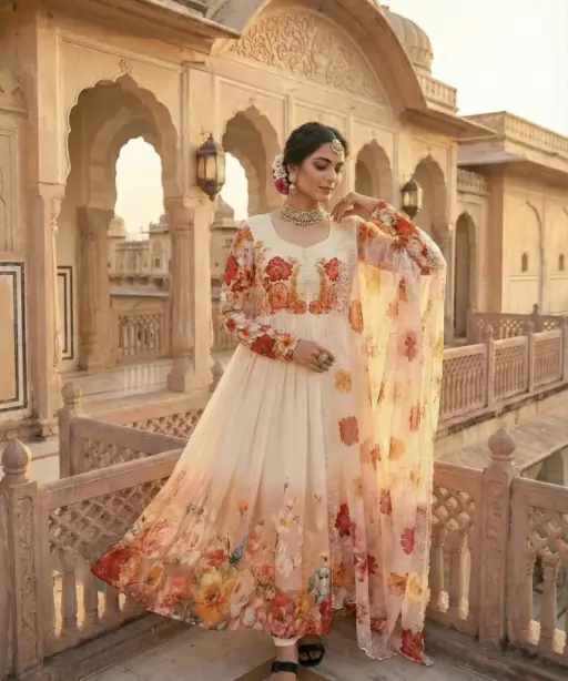 Creme Georgette Floral Handwork Gown with Dupatta