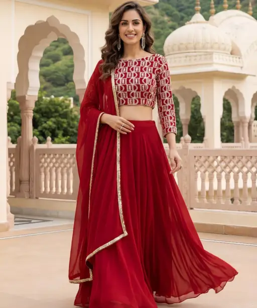 Deep Red Embroidered Georgette Lehenga Set