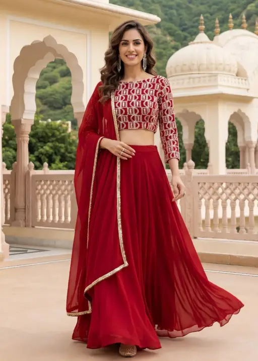 Deep Red Embroidered Georgette Lehenga Set