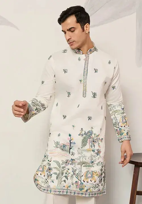 Designer Barat Embroidery Men Kurta White