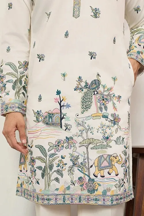 Designer Barat Embroidery Men Kurta White - Image 2