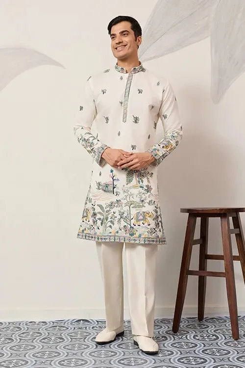 Designer Barat Embroidery Men Kurta White - Image 4