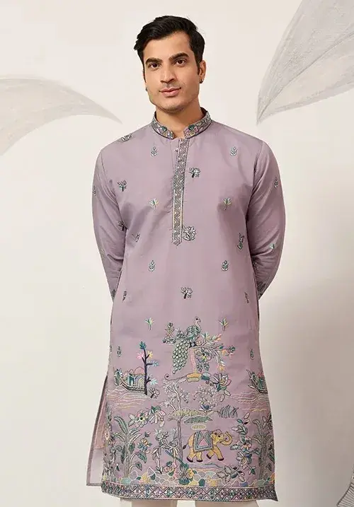 Embroidered Purple Ethnic Men Kurta Pajama