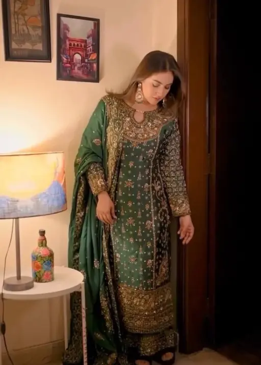 Green Readymade Pakistani Long Suits for Women