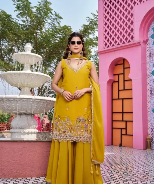 Haldi Ceremony Special Beads Work Readymade Plazzo Set