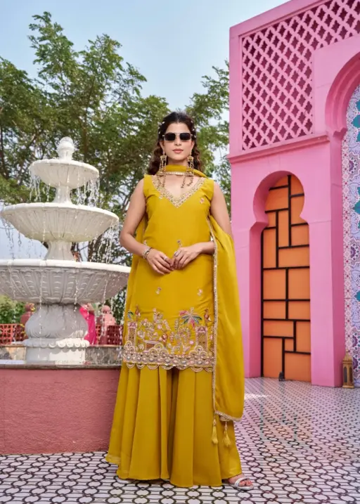 Haldi Ceremony Special Beads Work Readymade Plazzo Set