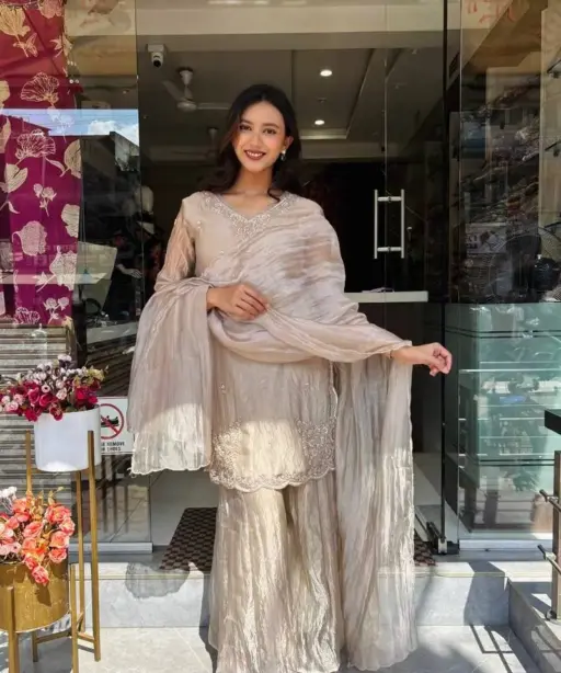 Chiku Color Pakistani Embroidery Plazzo Dress