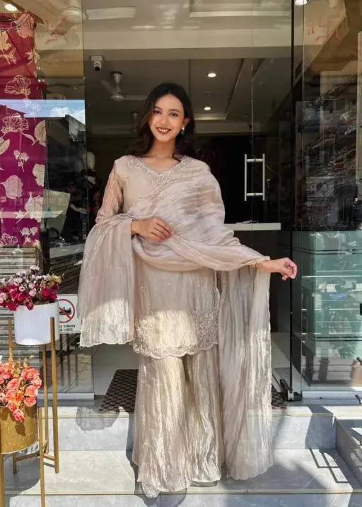 Chiku Color Pakistani Embroidery Plazzo Dress