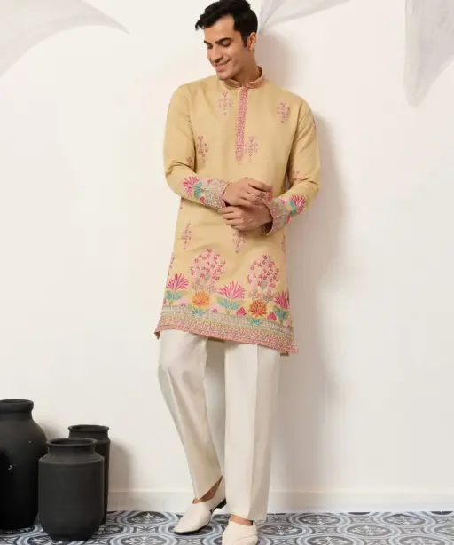 Haldi Special Yellow Men Embroidery Kurta