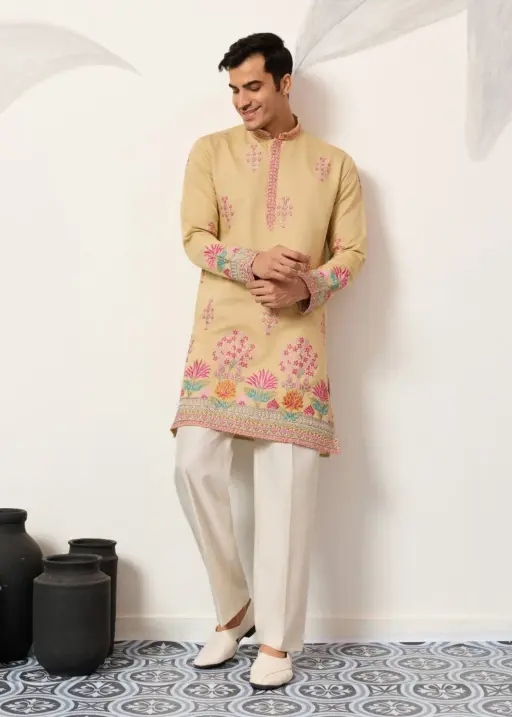 Haldi Special Yellow Men Embroidery Kurta