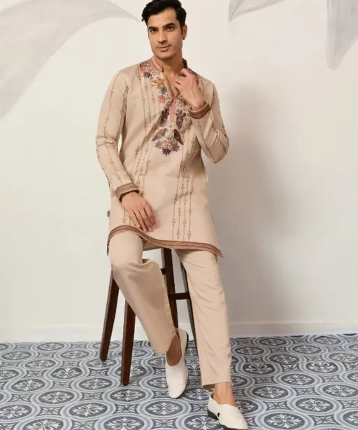 Light Brown Embroidery Mens Kurta Set