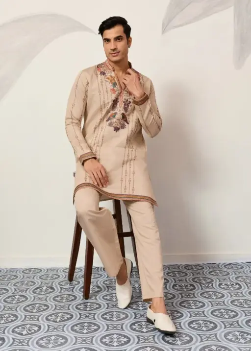Light Brown Embroidery Mens Kurta Set