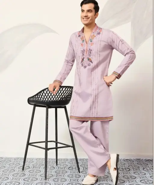 Light Purple Mens Embroidery Kurta Set