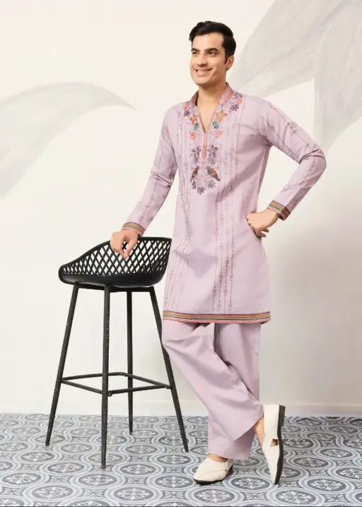 Light Purple Mens Embroidery Kurta Set