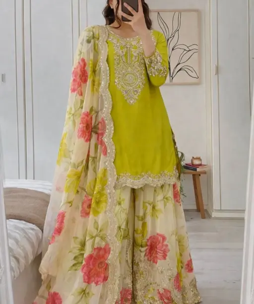 Lime Floral Salwar Plazzo Suit | Pakistani Dresses