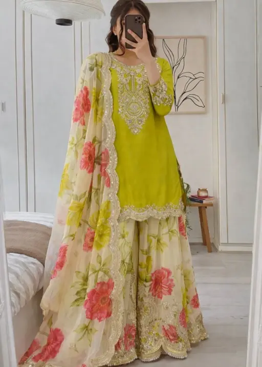 Lime Floral Salwar Plazzo Suit | Pakistani Dresses