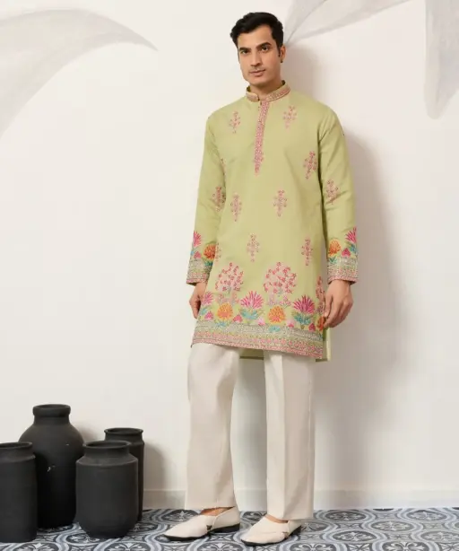 Lime Green Embroidery Men Kurta