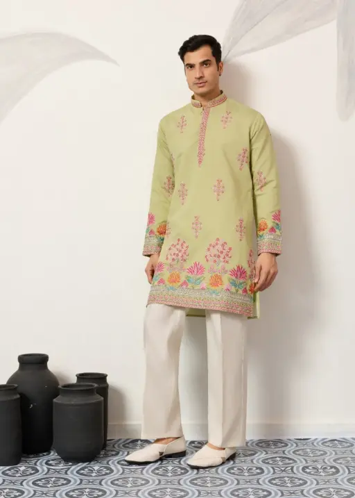Lime Green Embroidery Men Kurta