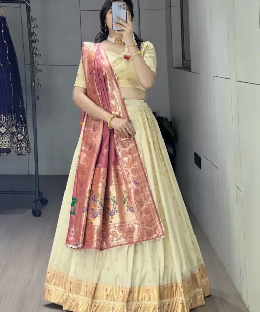 Marathi Special Cream Pathani Lehenga with Pink Dupatta